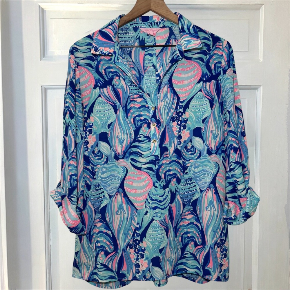 Lilly Pulitzer Everglades Woman's M Tunic Top Twilight Blue Scale Up Long Sleeve - Picture 4 of 8